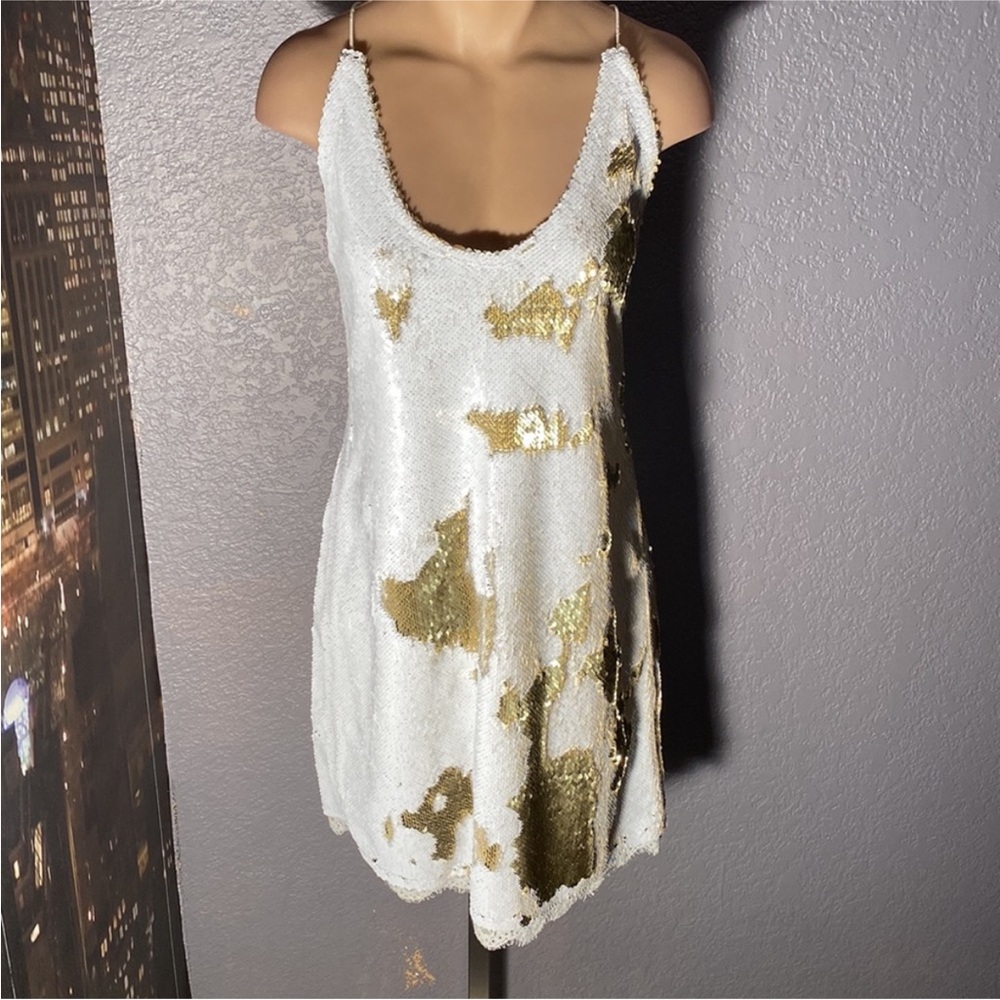 Free People White and Gold Sequin Mini Dress